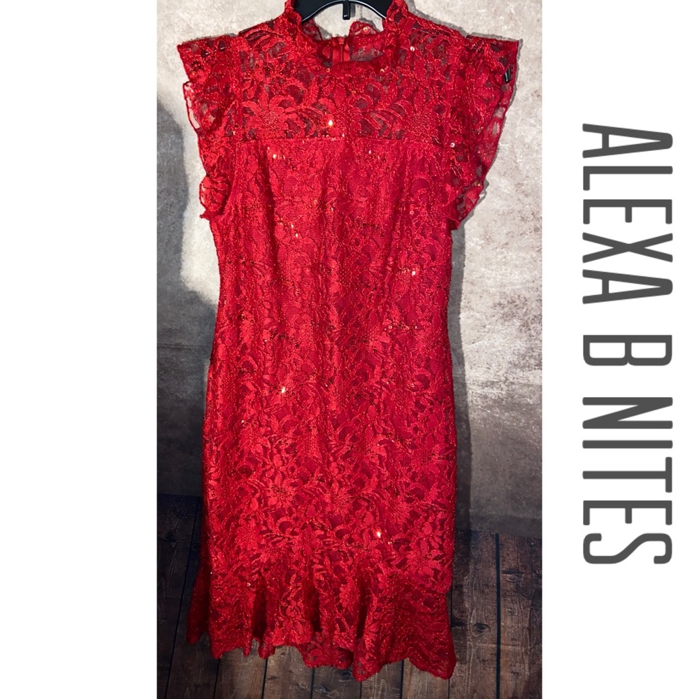 Alexa B Nites Womens Lace Cocktail Dress Size 8 Red Floral Ruffle Sequin-EUC - Picture 1 of 3